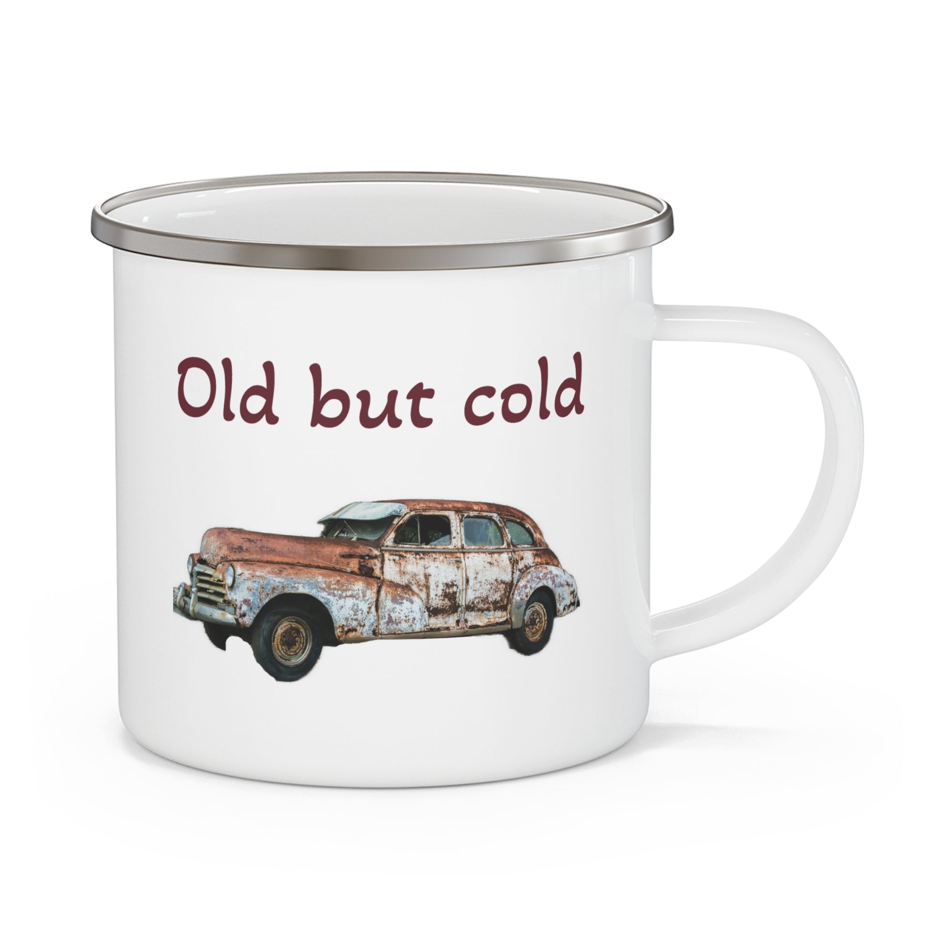 Vintage-Inspired Enamel Camping Mug - 'Old But Cold' Design