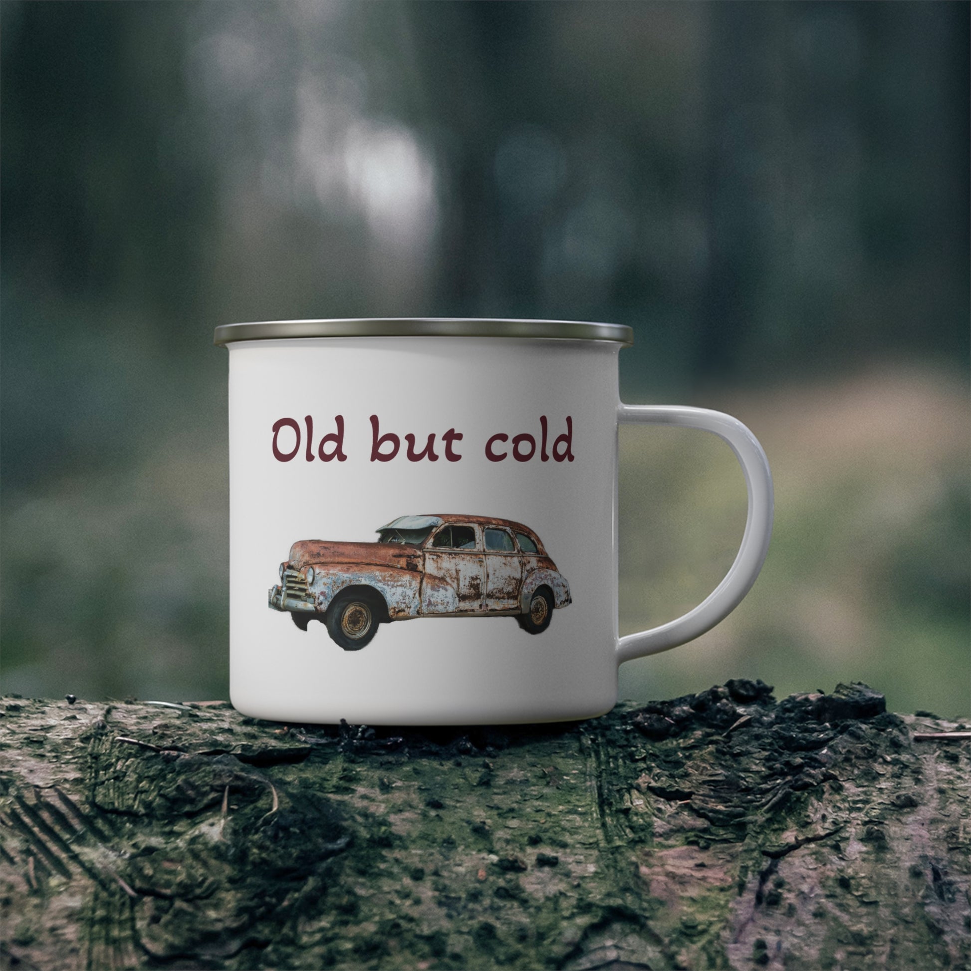 Vintage-Inspired Enamel Camping Mug - 'Old But Cold' Design
